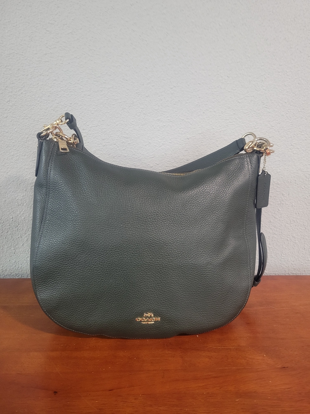 Coach Pebbled Leather Elle Hobo Bag in Dark Green with Gold Hardware